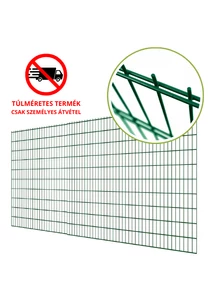 2D táblás kerítéselem 1630x2510 mm méretben, 6-5-6 mm vastagságú huzalokkal. Zöld (RAL6005) színű, masszív és korrózióálló fémkerítés panel kültéri és ipari alkalmazásra.