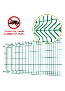 3D táblás kerítéselem 1730x2500 mm méretben, 55x200 mm osztással. 4,0 mm vastagságú acélhuzalokkal, zöld (RAL6005) színben. Időjárásálló, masszív fémkerítés panel kültéri és ipari felhasználásra.