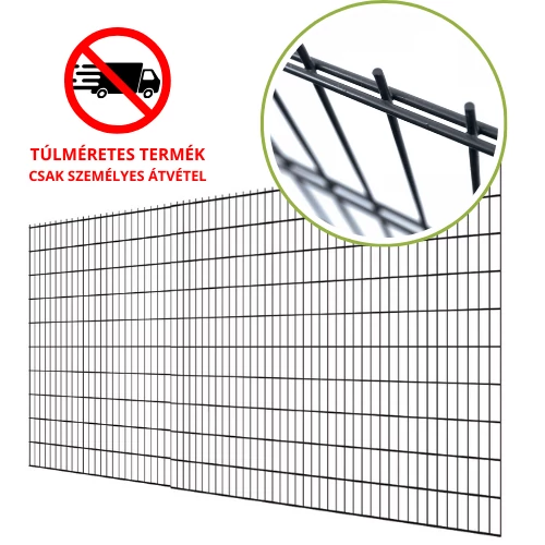 2D táblás kerítéselem 1830x2510 mm méretben, 6-5-6 mm vastagságú huzalokkal. Antracit szürke (RAL7016) színű, erős és időjárásálló fémkerítés panel kültéri és ipari felhasználásra.
