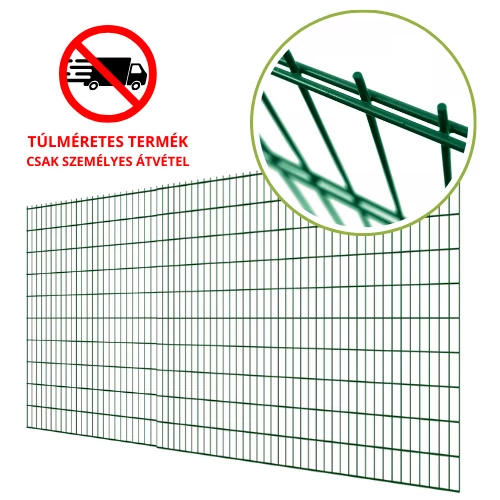 2D táblás kerítéselem 1430x2510 mm méretben, 6-5-6 mm vastagságú huzalokkal. Zöld (RAL6005) színű, strapabíró és korrózióálló fémkerítés panel kültéri és ipari alkalmazásra.