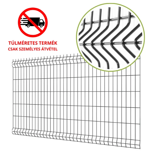 3D táblás kerítéselem 1230x2500 mm méretben, 55x200 mm osztással. 4,0 mm vastagságú acélhuzalokkal, antracit szürke (RAL7016) színben. Időjárásálló, masszív fémkerítés panel kültéri és ipari felhasználásra.