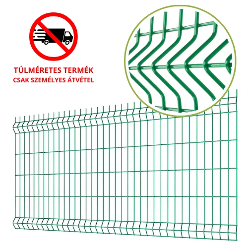 3D táblás kerítéselem 830x2500 mm méretben, 55x200 mm osztással. 4,0 mm vastagságú acélhuzalokkal, zöld (RAL6005) színben. Időjárásálló, masszív fémkerítés panel kültéri és ipari felhasználásra.