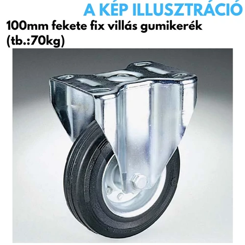 Kerék 100mm tömörgumi fix villás fekete, teherbírás: 70kg
