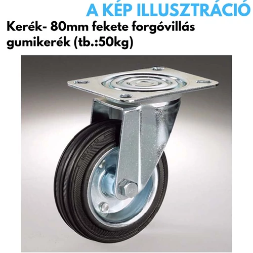 Kerék 80mm tömörgumi forgó villás fekete, teherbírás: 50kg