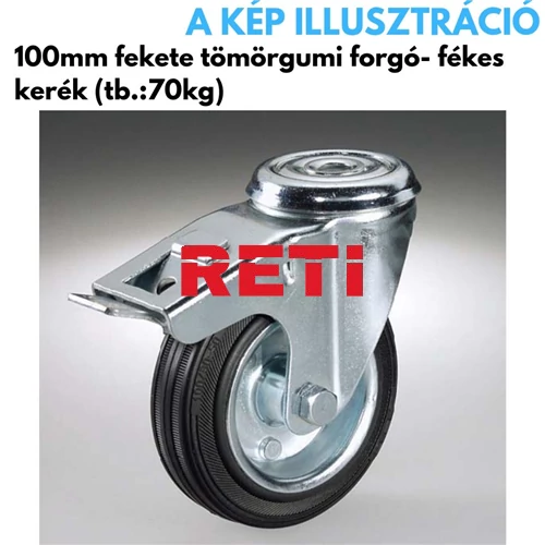 Kerék 100 mm tömörgumi forgó villás fékes fekete – 70 kg teherbírás