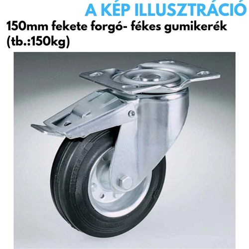Kerék 150mm tömörgumi forgó villás és fékes fekete, teherbírás: 150kg